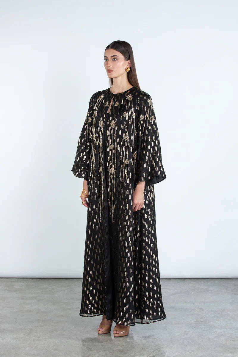 NOOR ÉTOILÉ – LIMITED HAUTE COUTURE GOLDEN-DOTTED SILK ABAYA SM25HC01