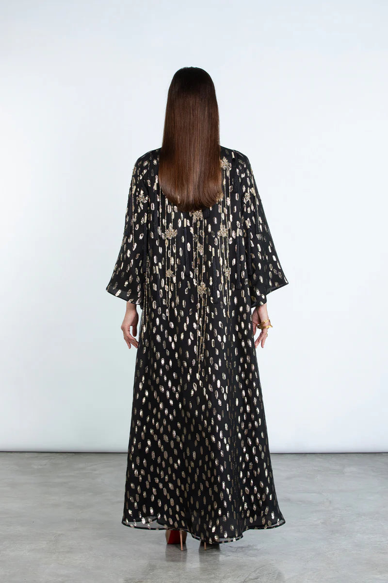 NOOR ÉTOILÉ – LIMITED HAUTE COUTURE GOLDEN-DOTTED SILK ABAYA SM25HC01