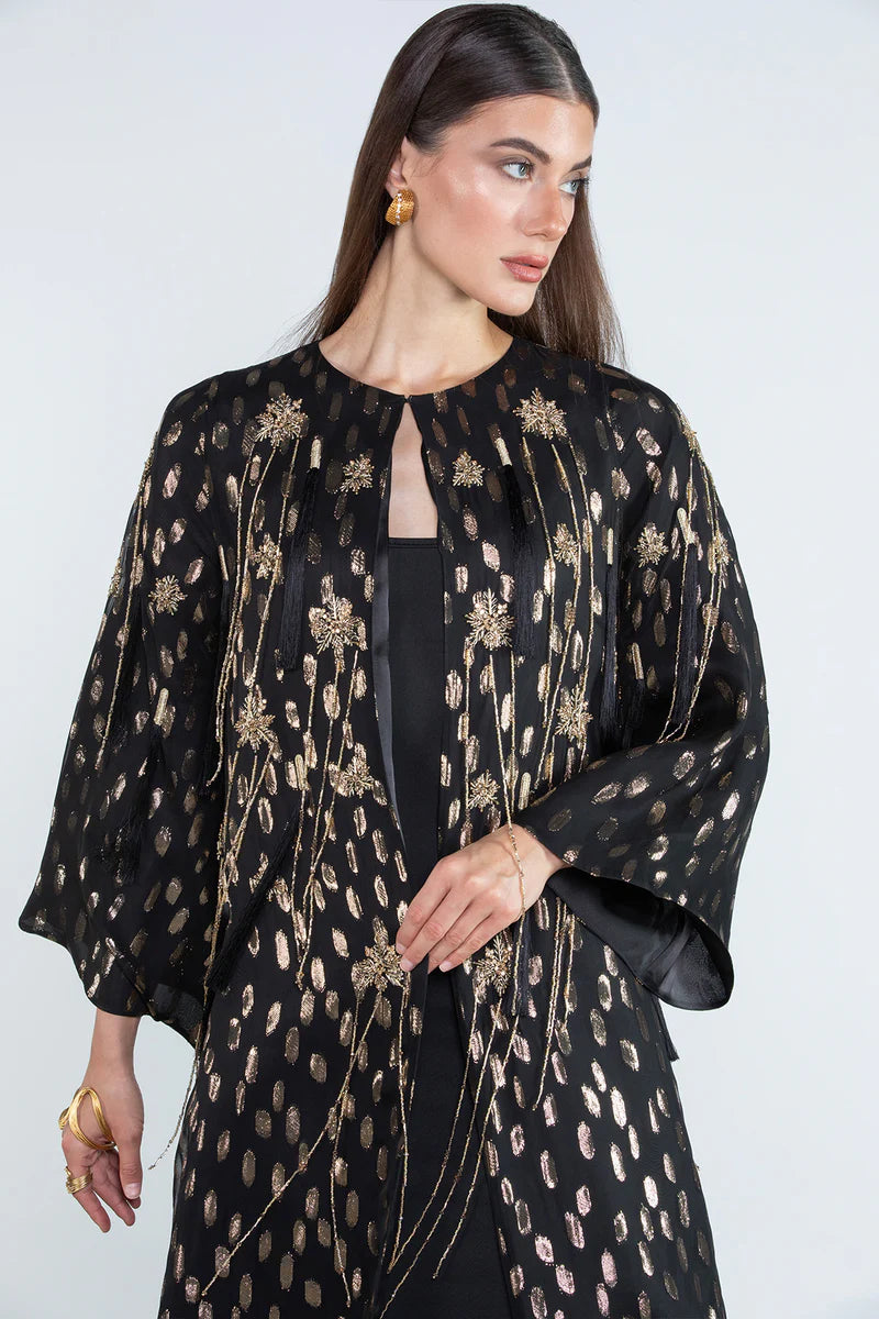 NOOR ÉTOILÉ – LIMITED HAUTE COUTURE GOLDEN-DOTTED SILK ABAYA SM25HC01