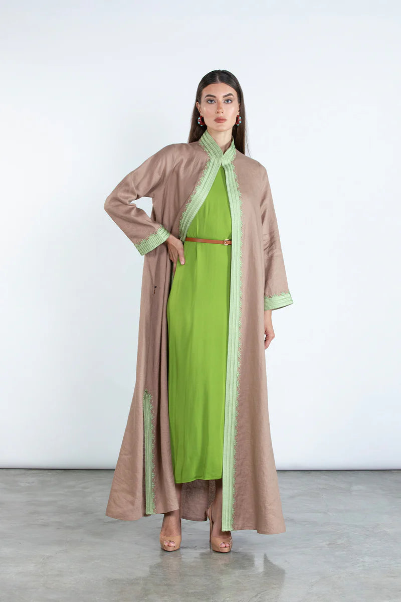 SM2512-LIGHT BROWN MODERN ELEGANCE LINEN ABAYA