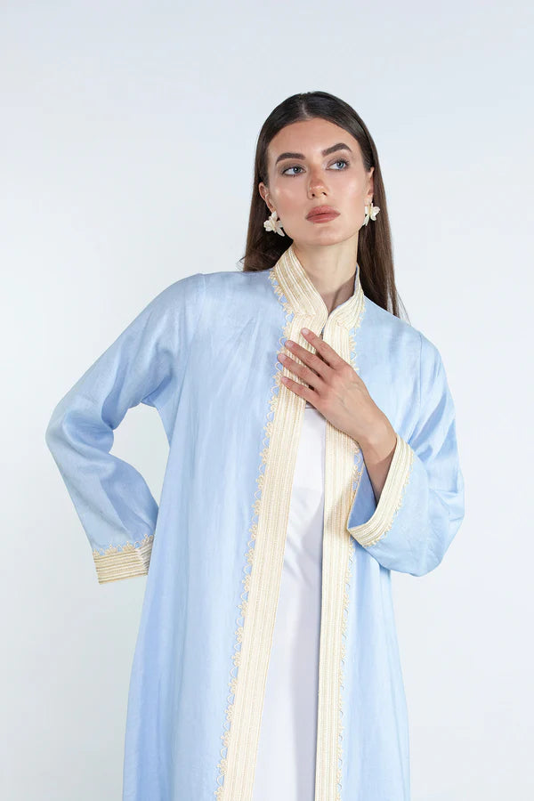 SM2512-SKY BLUE MODERN ELEGANCE LINEN ABAYA