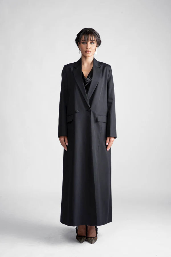 DCJ2303-BLACK REGAL ELEGANCE FULL LENGTH BLAZER