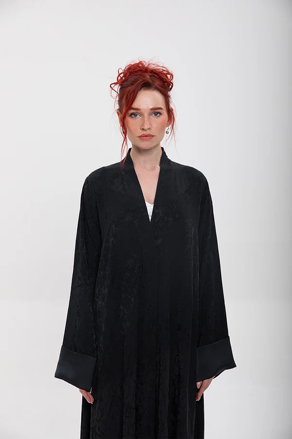 RTW2402-DS-BLACK FLARE CUT BLACK JACQUARD LINEN ABAYA (Copy)