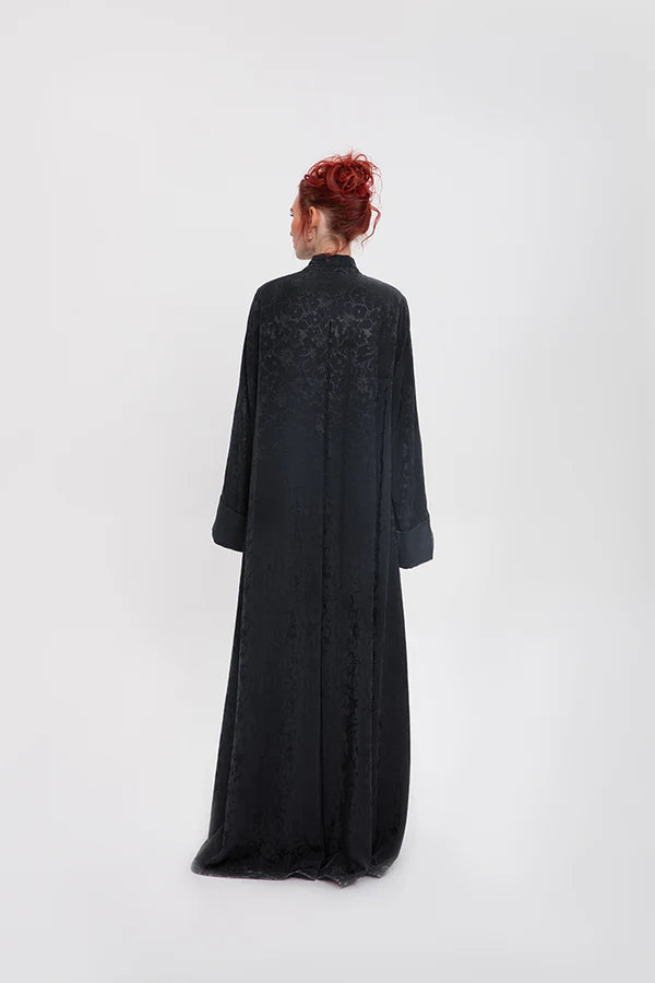 RTW2402-DS-BLACK FLARE CUT BLACK JACQUARD LINEN ABAYA (Copy)