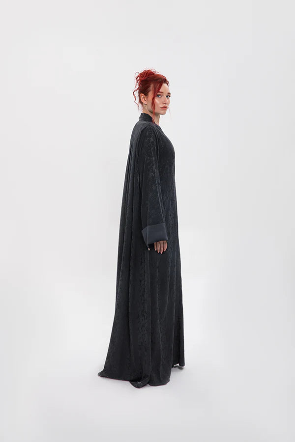 RTW2402-DS-BLACK FLARE CUT BLACK JACQUARD LINEN ABAYA (Copy)