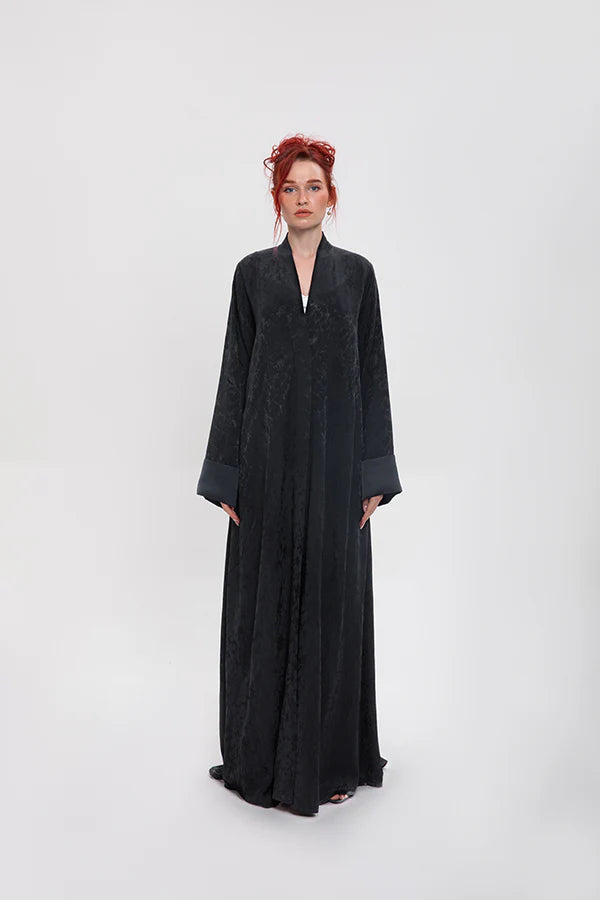 RTW2402-DS-BLACK FLARE CUT BLACK JACQUARD LINEN ABAYA (Copy)