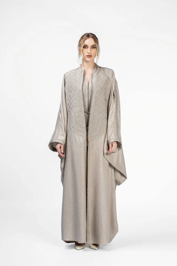 RMDM2401-BRN SANDS OF MARRAKECH TAN LINEN ABAYA- FULL SET