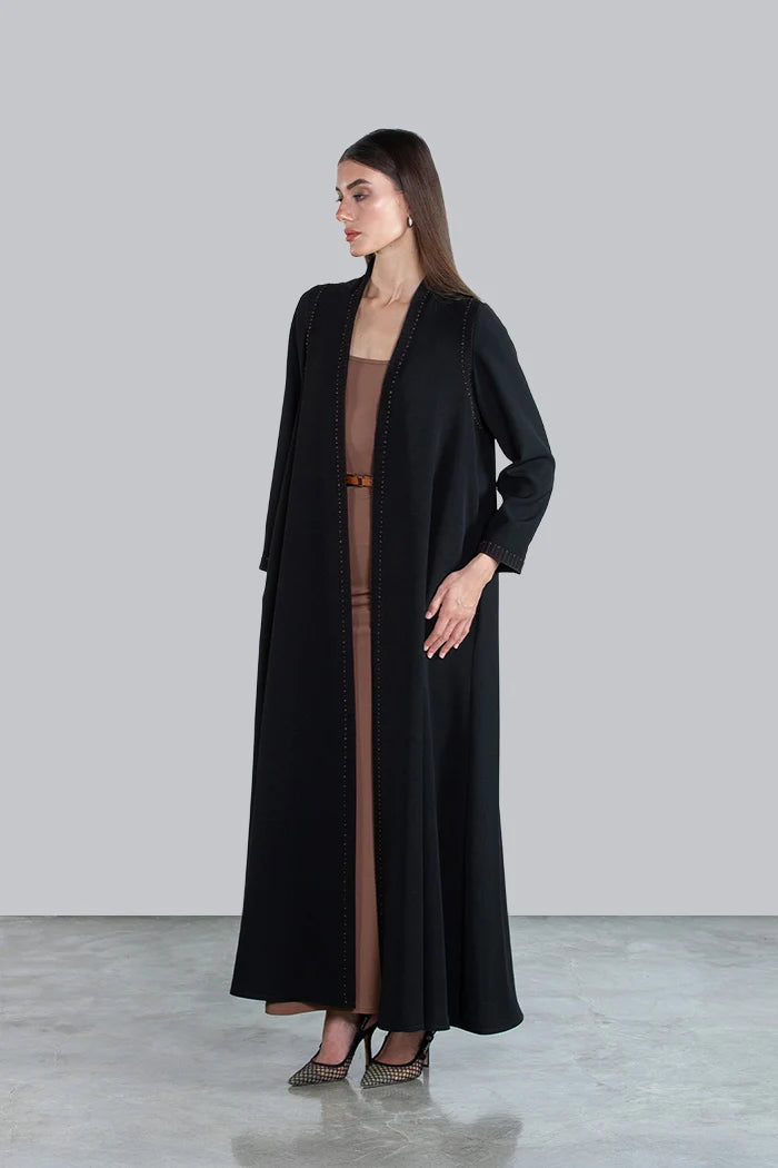 SM2503 ELEGANT FLARED ABAYA WITH CONTRAST LINING AND HAND STITCHED DETAILS