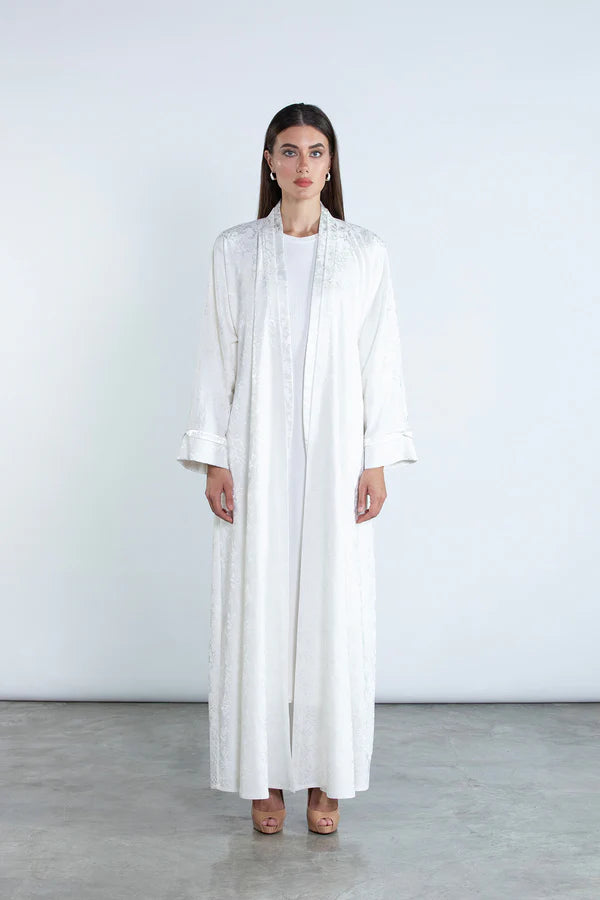 SM2511 FLORAL JACQUARD KIMONO ABAYA WITH BONE PIPING DETAIL