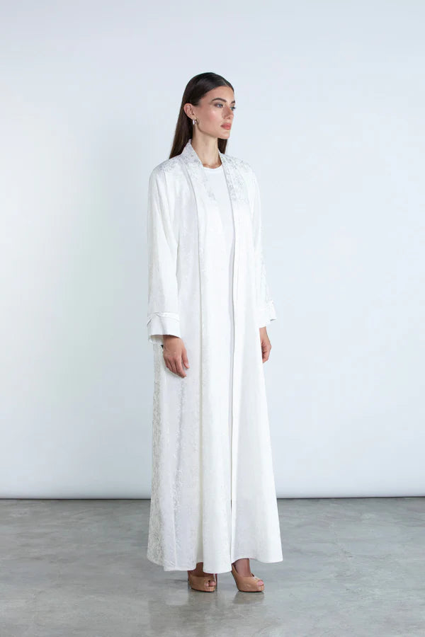 SM2511 FLORAL JACQUARD KIMONO ABAYA WITH BONE PIPING DETAIL