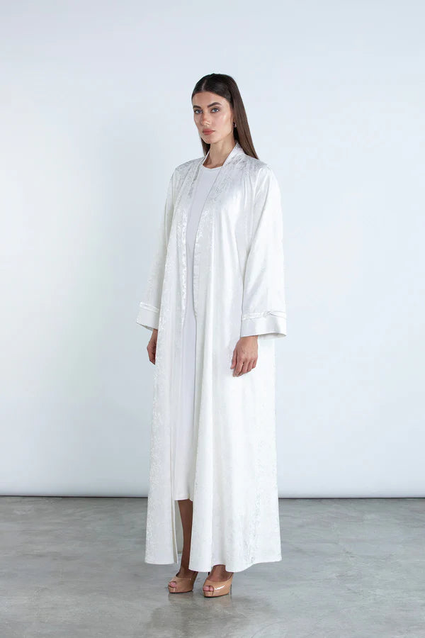 SM2511 FLORAL JACQUARD KIMONO ABAYA WITH BONE PIPING DETAIL