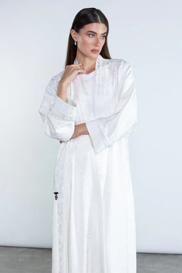 SM2511 FLORAL JACQUARD KIMONO ABAYA WITH BONE PIPING DETAIL