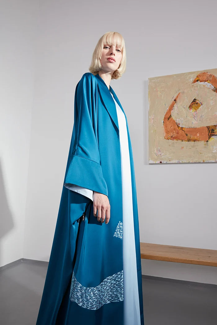 SHAWL COLLAR ART INSPIRED INTEL BLUE LUXURY ABAYA A2204-LB-MDS