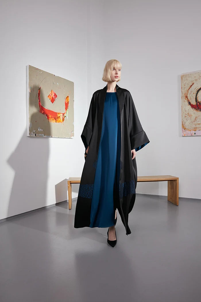 SHAWL COLLAR ART INSPIRED BLACK LUXURY ABAYA A2204-B-MDS