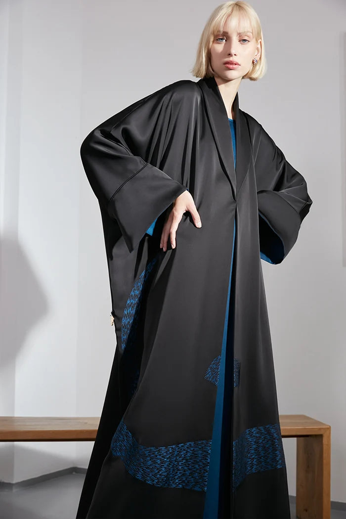 SHAWL COLLAR ART INSPIRED BLACK LUXURY ABAYA A2204-B-MDS