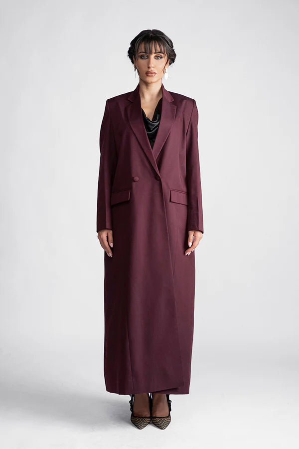 DCJ2303-MAROON REGAL ELEGANCE FULL LENGTH BLAZER