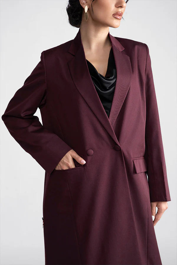 DCJ2303-MAROON REGAL ELEGANCE FULL LENGTH BLAZER
