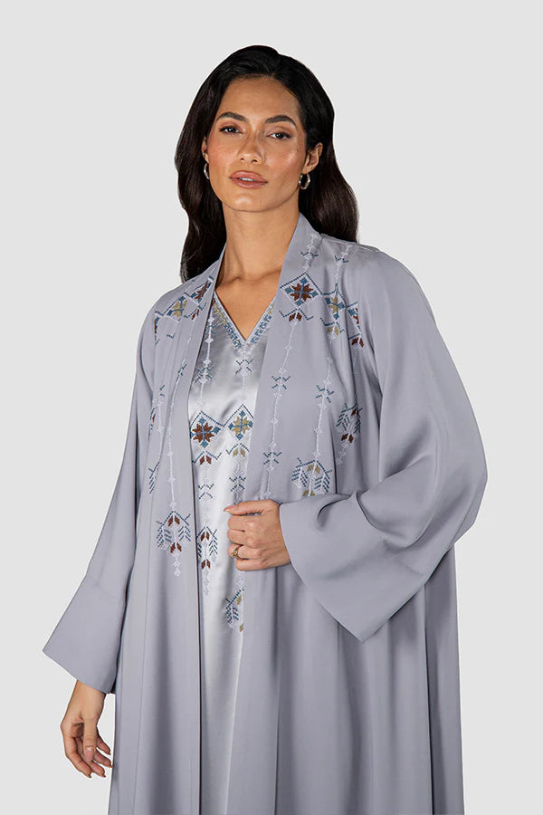 RMDJK2401-GREY OASIS DREAM MULTICOLOR EMBROIDERY ABAYA