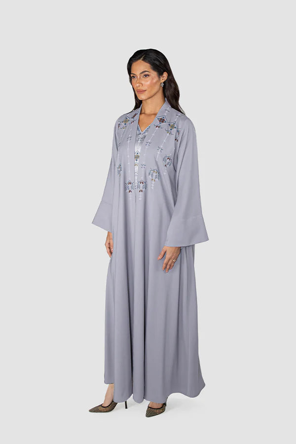 RMDJK2401-GREY OASIS DREAM MULTICOLOR EMBROIDERY ABAYA