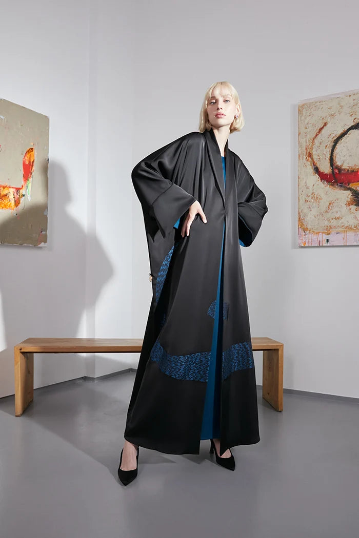 SHAWL COLLAR ART INSPIRED BLACK LUXURY ABAYA A2204-B-MDS