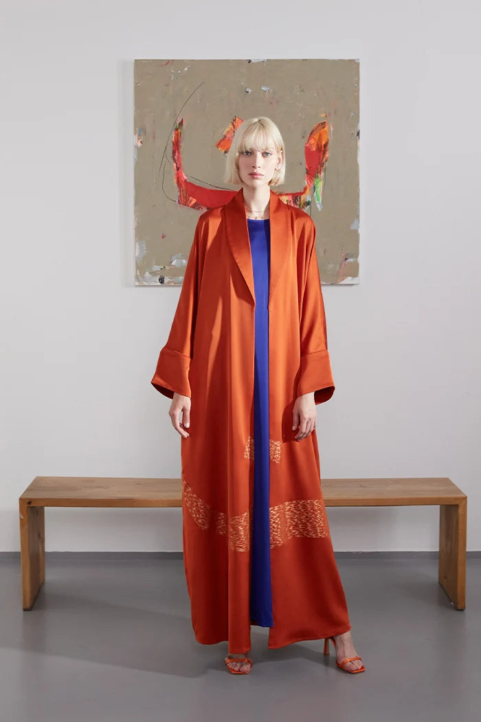 SHAWL COLLAR ART INSPIRED ORANGE LUXURY ABAYA A2204-O-MDS