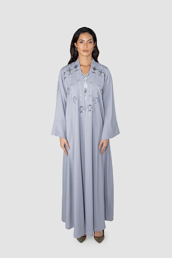 RMDJK2401-GREY OASIS DREAM MULTICOLOR EMBROIDERY ABAYA
