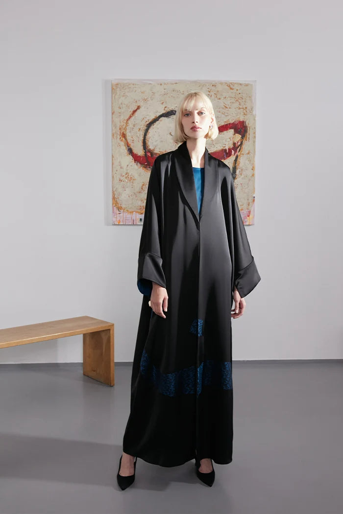 SHAWL COLLAR ART INSPIRED BLACK LUXURY ABAYA A2204-B-MDS
