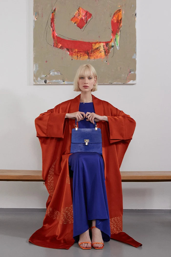 SHAWL COLLAR ART INSPIRED ORANGE LUXURY ABAYA A2204-O-MDS