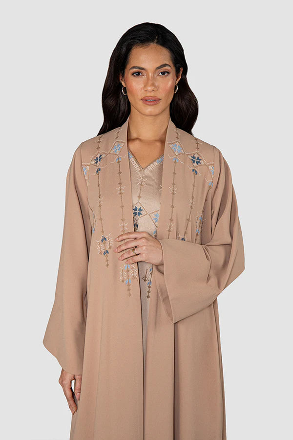 RMDJK2401-BROWN OASIS DREAM MULTICOLOR EMBROIDERY ABAYA