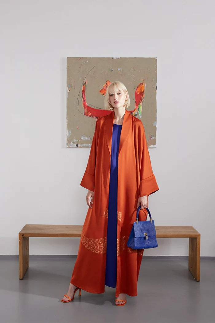 SHAWL COLLAR ART INSPIRED ORANGE LUXURY ABAYA A2204-O-MDS