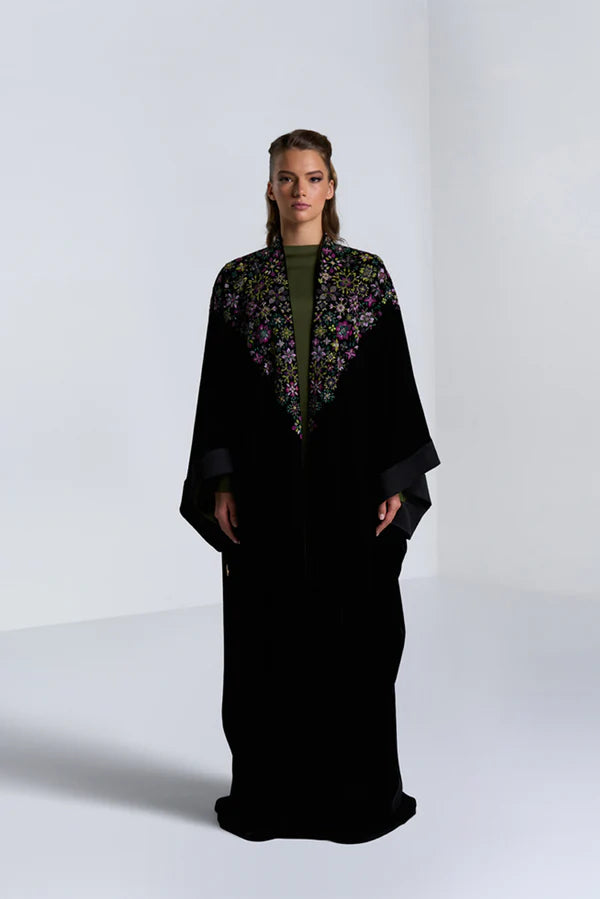 DC2408BLK EXCLUSIVE HAUTE COUTURE- MYSTICAL BLOOM VELVET BLACK ABAYA