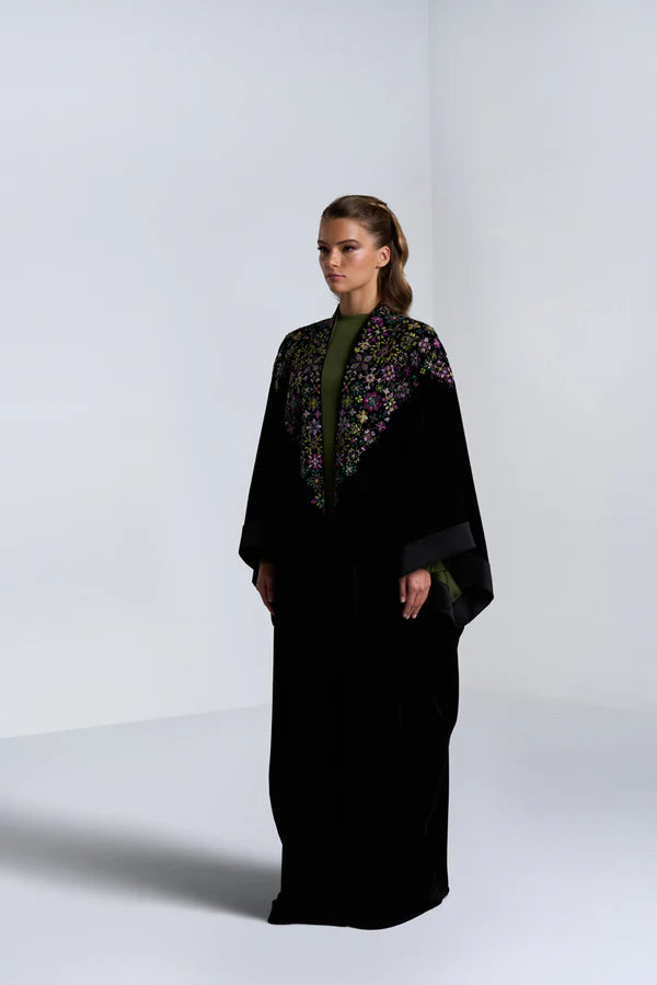DC2408BLK EXCLUSIVE HAUTE COUTURE- MYSTICAL BLOOM VELVET BLACK ABAYA