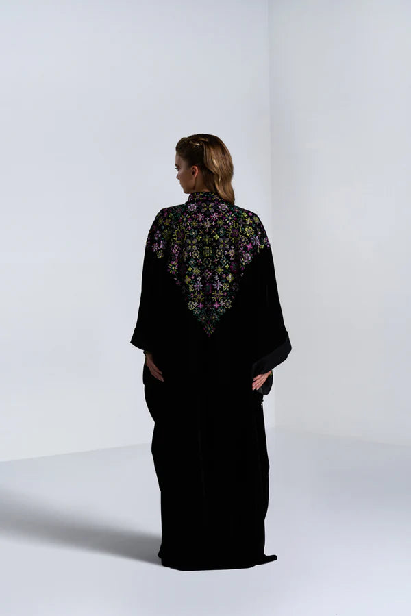 DC2408BLK EXCLUSIVE HAUTE COUTURE- MYSTICAL BLOOM VELVET BLACK ABAYA