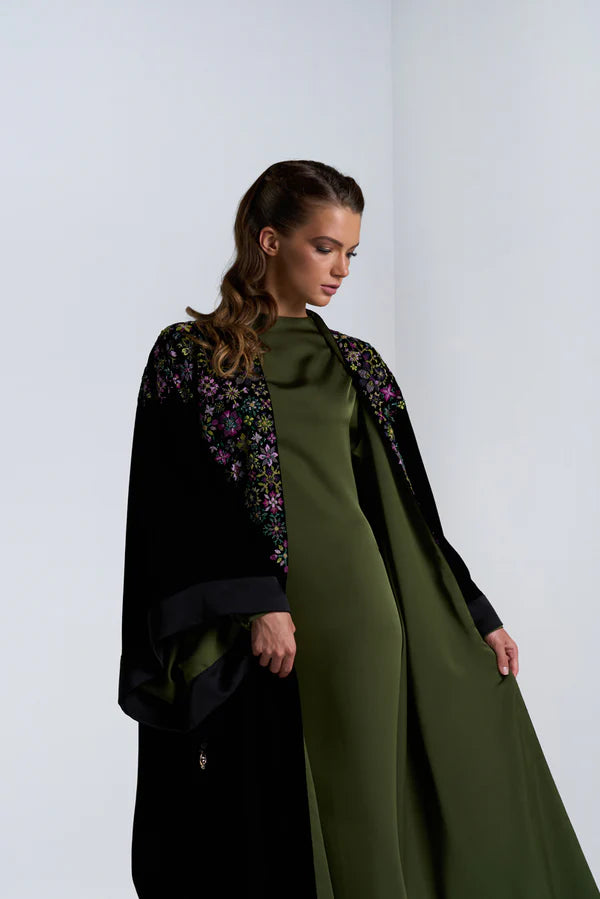 DC2408BLK EXCLUSIVE HAUTE COUTURE- MYSTICAL BLOOM VELVET BLACK ABAYA