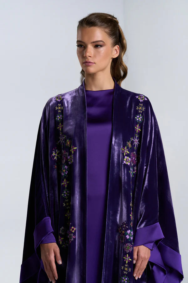 DC2407PRL EXCLUSIVE HAUTE COUTURE- MAJESTY IN BLOOM VELVET PURPLE ABAYA