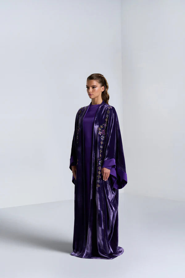 DC2407PRL EXCLUSIVE HAUTE COUTURE- MAJESTY IN BLOOM VELVET PURPLE ABAYA