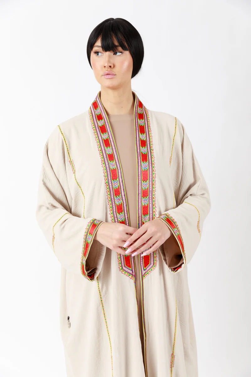HANDCRAFTED EMBROIDERED BEIGE ABAYA ODPMC003