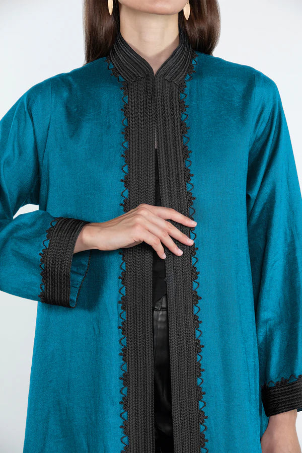 SM2512-TEAL BLUE MODERN ELEGANCE LINEN ABAYA