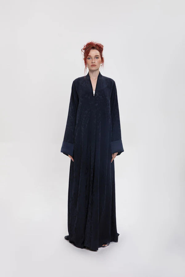 RTWS2402-FC-BLUE FLARE CUT BLACK JACQUARD LINEN ABAYA