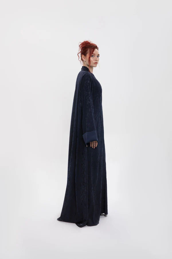 RTWS2402-FC-BLUE FLARE CUT BLACK JACQUARD LINEN ABAYA