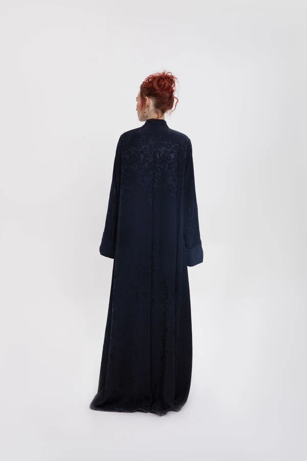 RTW2402-FC-BLUE FLARE CUT BLACK JACQUARD LINEN ABAYA