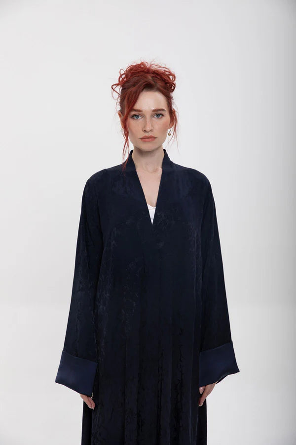 RTW2402-FC-BLUE FLARE CUT BLACK JACQUARD LINEN ABAYA
