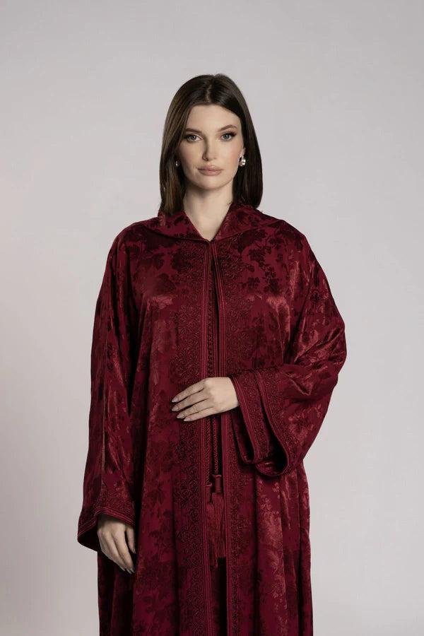 RMDML2501A-MAROON HOODED MOROCCAN ELEGANCE ABAYA