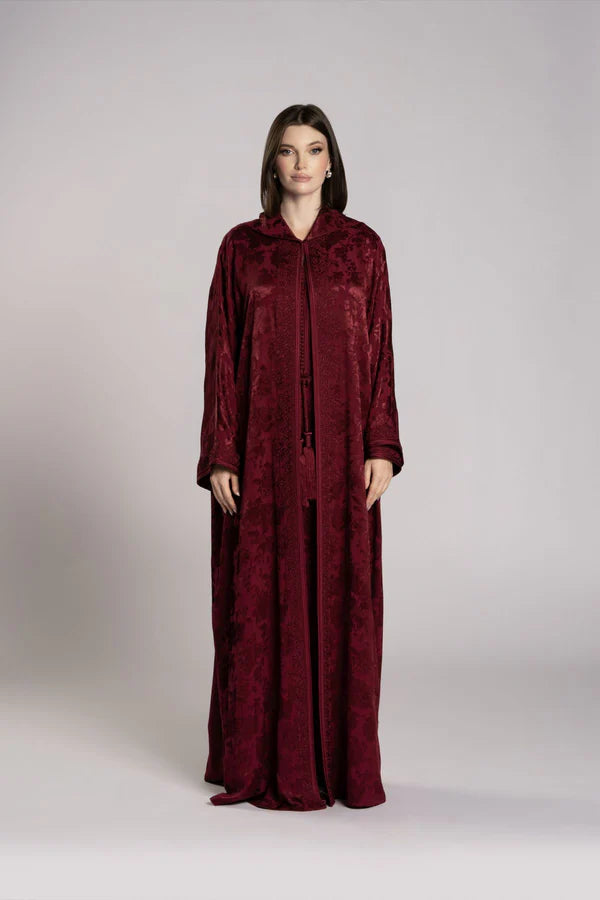 RMDML2501A-MAROON HOODED MOROCCAN ELEGANCE ABAYA