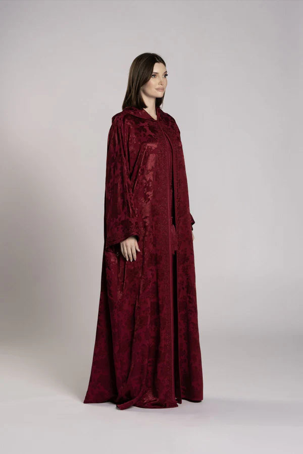 RMDML2501A-MAROON HOODED MOROCCAN ELEGANCE ABAYA