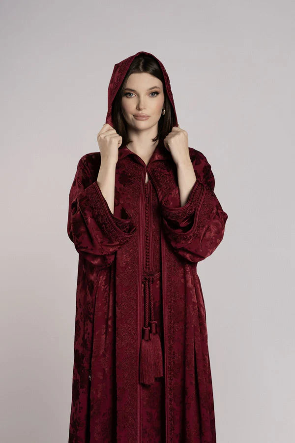 RMDML2501A-MAROON HOODED MOROCCAN ELEGANCE ABAYA