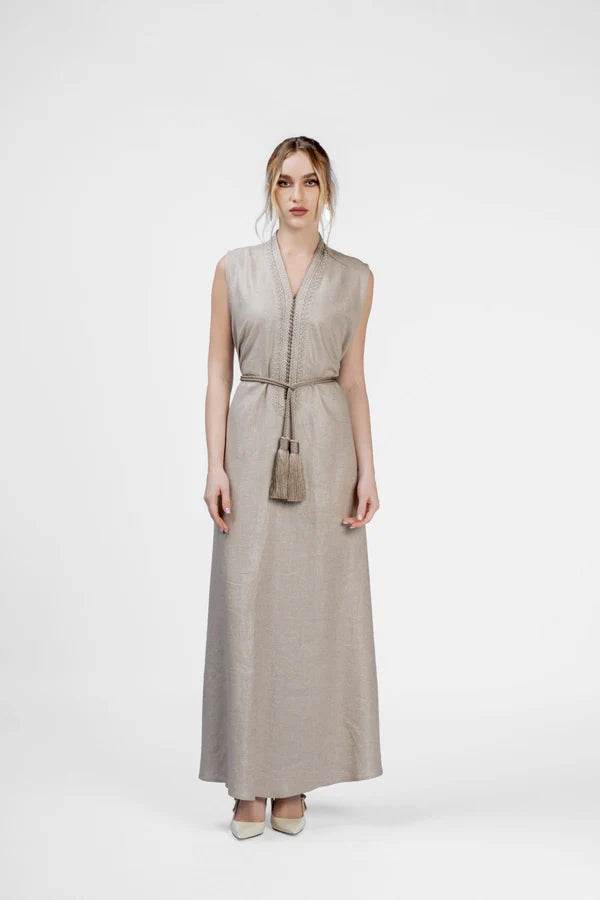 RMDM2401-BRN SANDS OF MARRAKECH TAN LINEN ABAYA- FULL SET