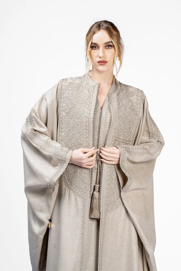 RMDM2401-BRN SANDS OF MARRAKECH TAN LINEN ABAYA- FULL SET
