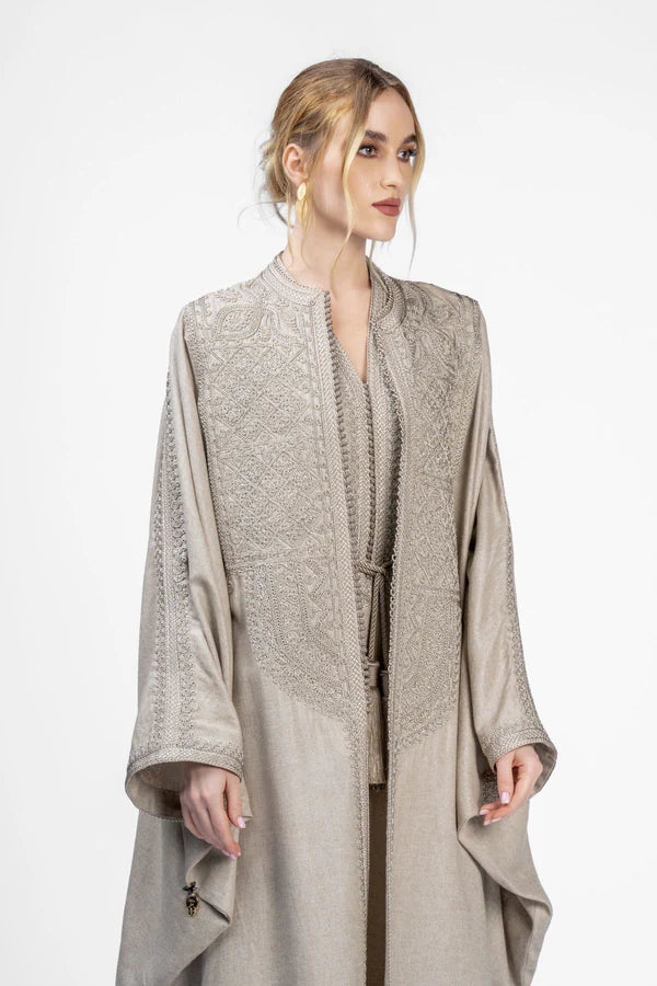 RMDM2401-BRN SANDS OF MARRAKECH TAN LINEN ABAYA- FULL SET
