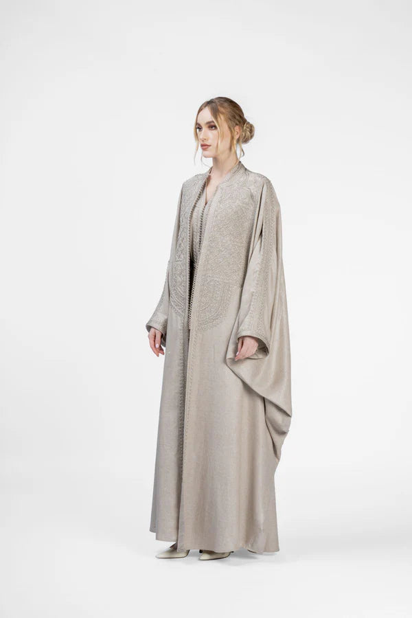 RMDM2401-BRN SANDS OF MARRAKECH TAN LINEN ABAYA- FULL SET